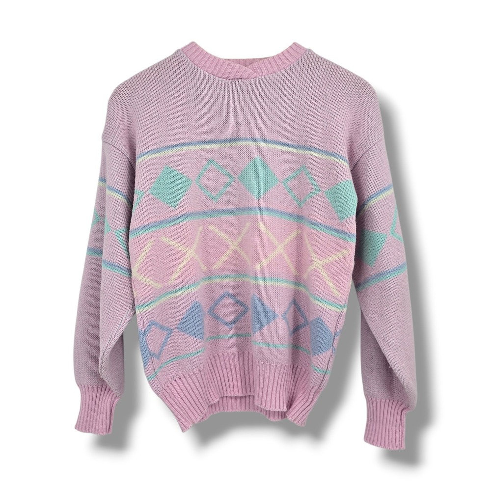 Vintage Izod Club Pastel Geometric Knit Sweater Womens Small Pink Purple 80s 90s